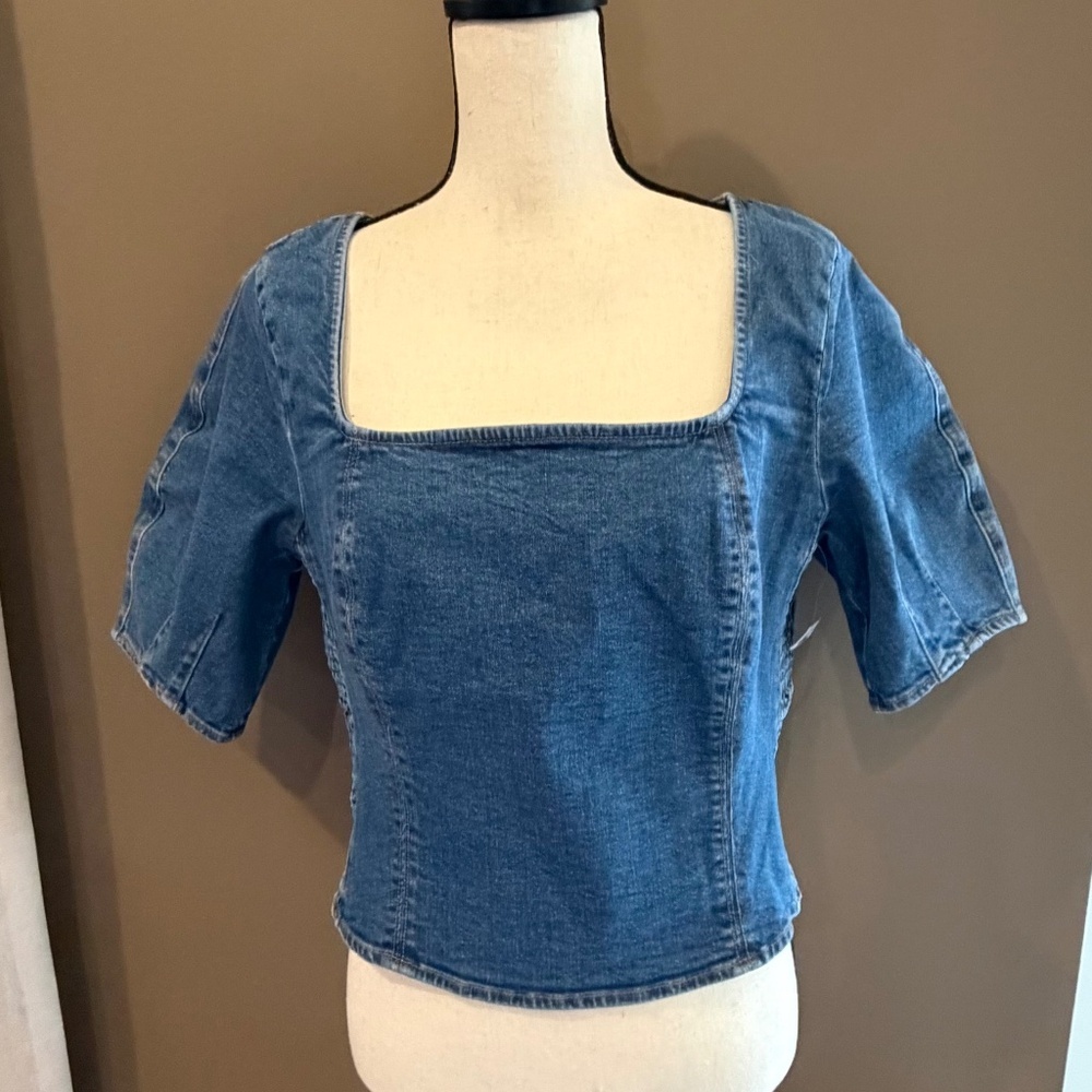 NWT Old Navy Square Neck Denim Cropped Top Lagen Peasant, Size Large